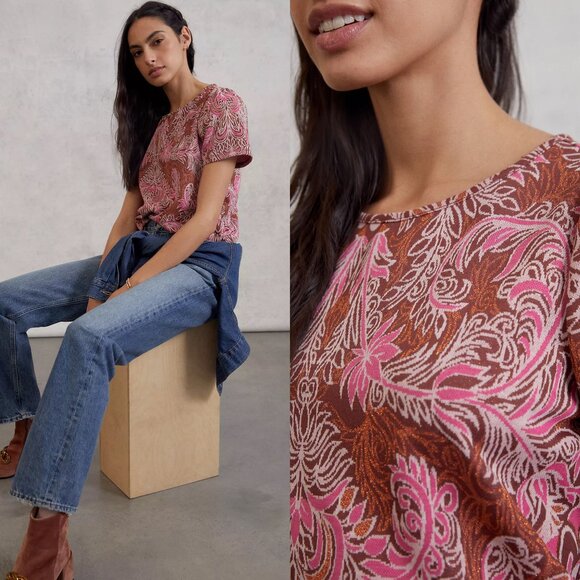 By Anthropologie Pink Demeter Paisley Short Sleeve Tee - Picture 2 of 6